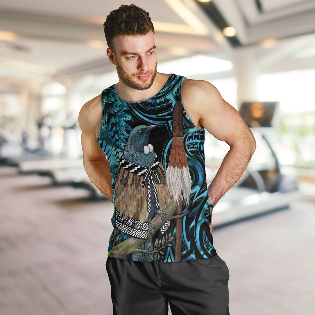 New Zealand Tui Bird Taiaha Men Tank Top Maori Weapon Paua Shell Mix Silver Fern LT14 Turquoise - Polynesian Pride