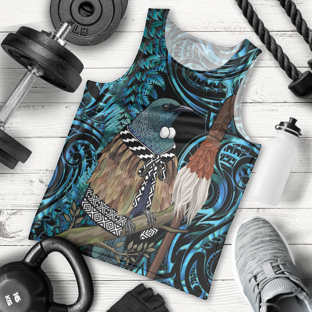 New Zealand Tui Bird Taiaha Men Tank Top Maori Weapon Paua Shell Mix Silver Fern