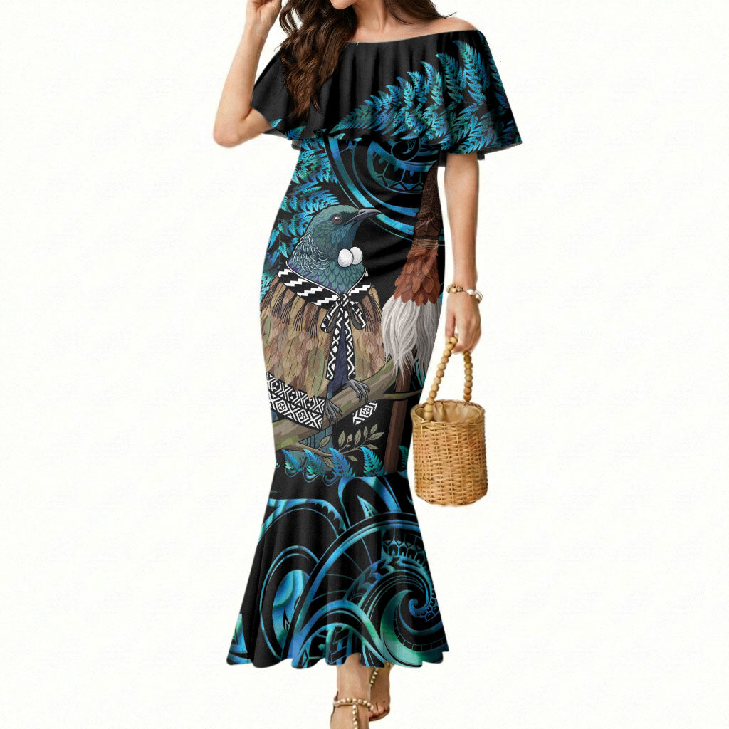 New Zealand Tui Bird Taiaha Mermaid Dress Maori Weapon Paua Shell Mix Silver Fern LT14 Women Turquoise - Polynesian Pride