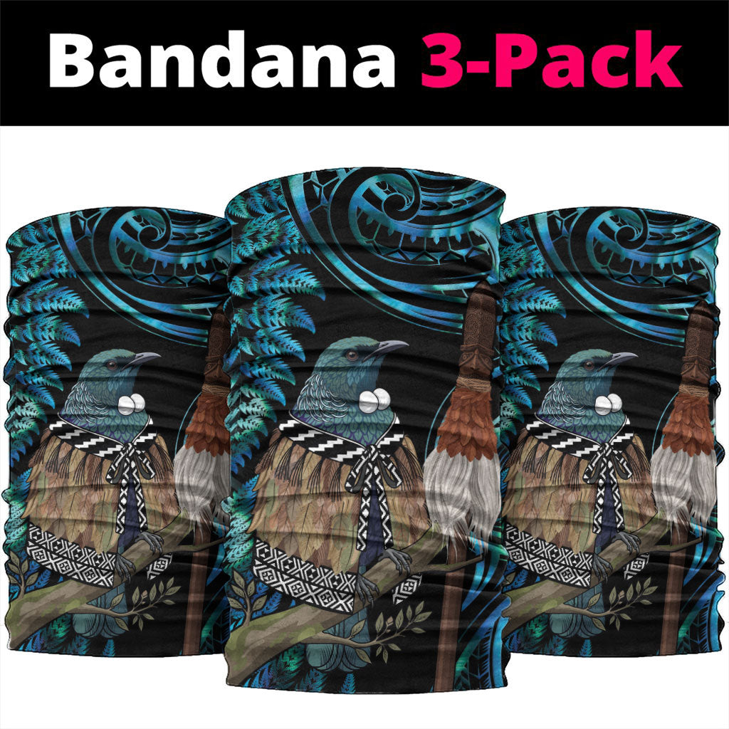 New Zealand Tui Bird Taiaha Neck Gaiter Maori Weapon Paua Shell Mix Silver Fern LT14 package One Size: 25*50cm Turquoise - Polynesian Pride