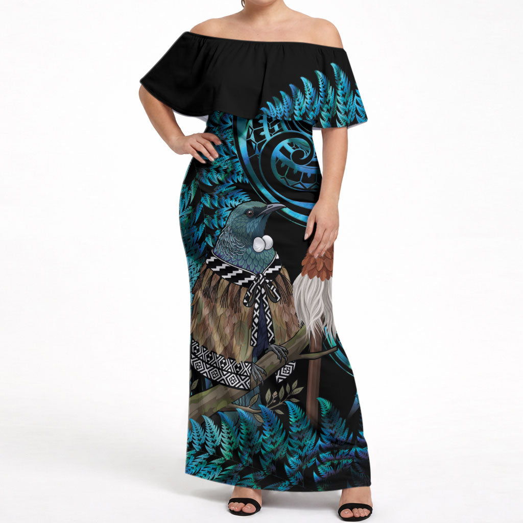 New Zealand Tui Bird Taiaha Off Shoulder Maxi Dress Maori Weapon Paua Shell Mix Silver Fern LT14 Women Turquoise - Polynesian Pride