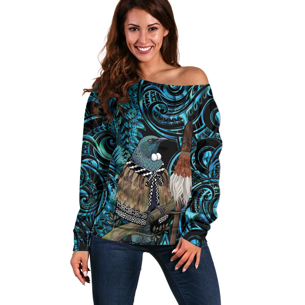 New Zealand Tui Bird Taiaha Off Shoulder Sweater Maori Weapon Paua Shell Mix Silver Fern LT14 Women Turquoise - Polynesian Pride