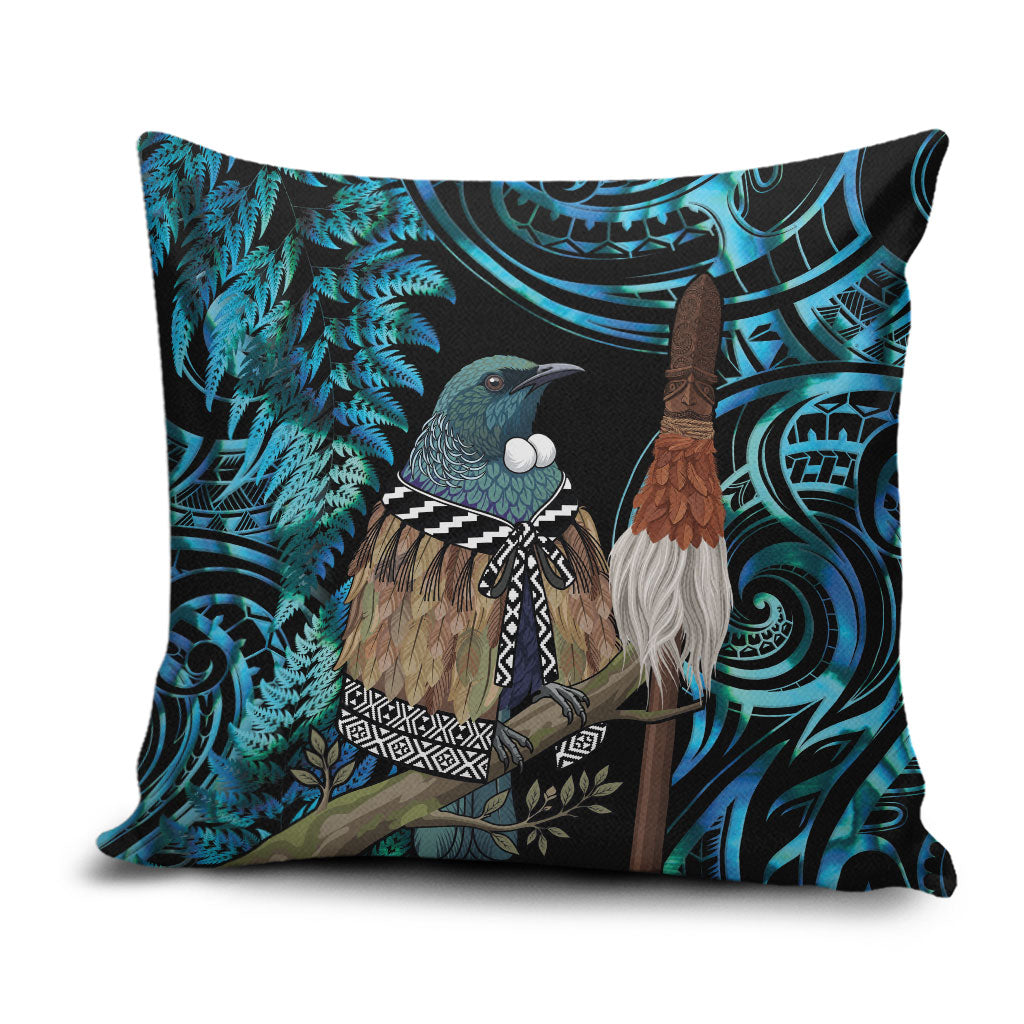 New Zealand Tui Bird Taiaha Pillow Cover Maori Weapon Paua Shell Mix Silver Fern LT14 Turquoise - Polynesian Pride