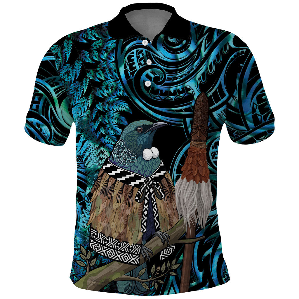 New Zealand Tui Bird Taiaha Polo Shirt Maori Weapon Paua Shell Mix Silver Fern LT14 Turquoise - Polynesian Pride