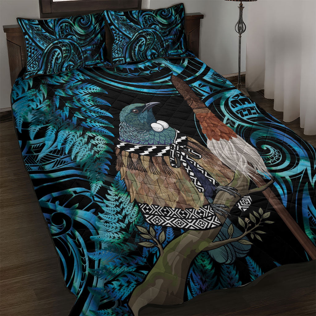 New Zealand Tui Bird Taiaha Quilt Bed Set Maori Weapon Paua Shell Mix Silver Fern LT14 Turquoise - Polynesian Pride