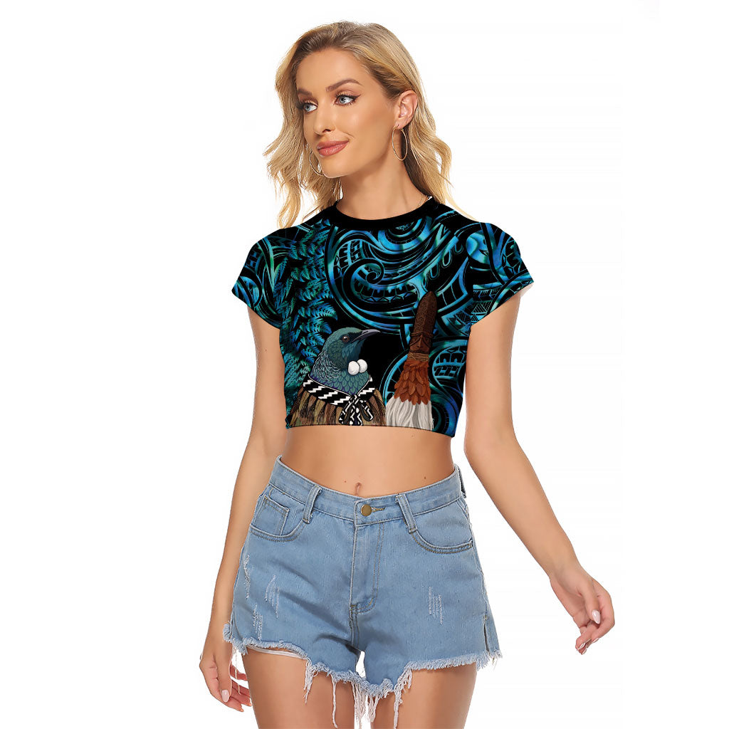 New Zealand Tui Bird Taiaha Raglan Cropped T Shirt Maori Weapon Paua Shell Mix Silver Fern LT14 Female Turquoise - Polynesian Pride