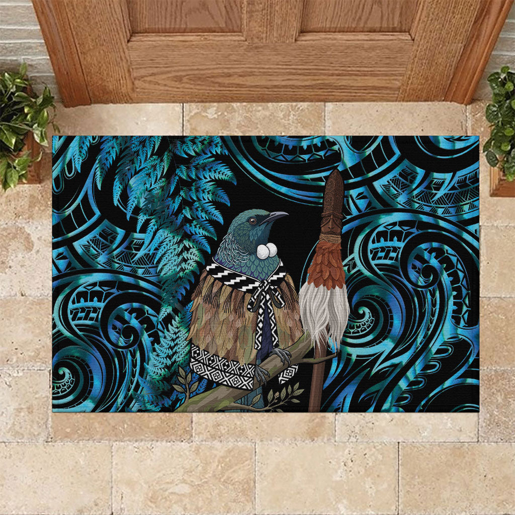 New Zealand Tui Bird Taiaha Rubber Doormat Maori Weapon Paua Shell Mix Silver Fern LT14 Turquoise - Polynesian Pride
