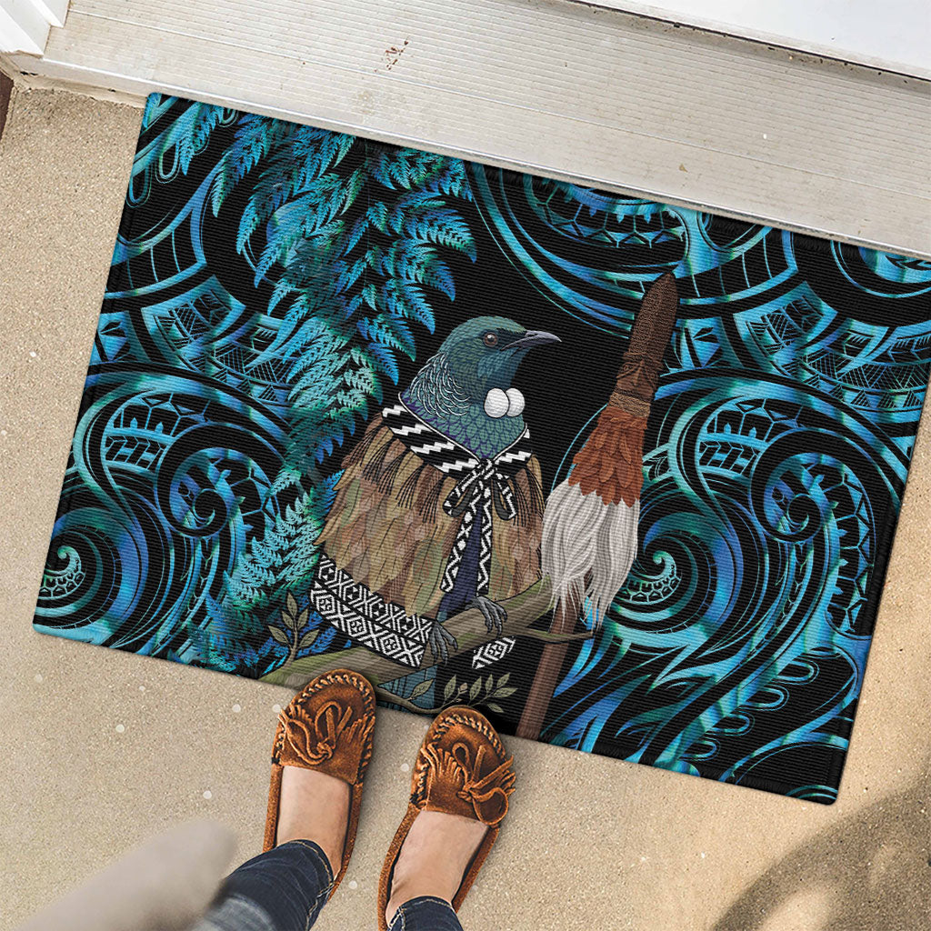 New Zealand Tui Bird Taiaha Rubber Doormat Maori Weapon Paua Shell Mix Silver Fern
