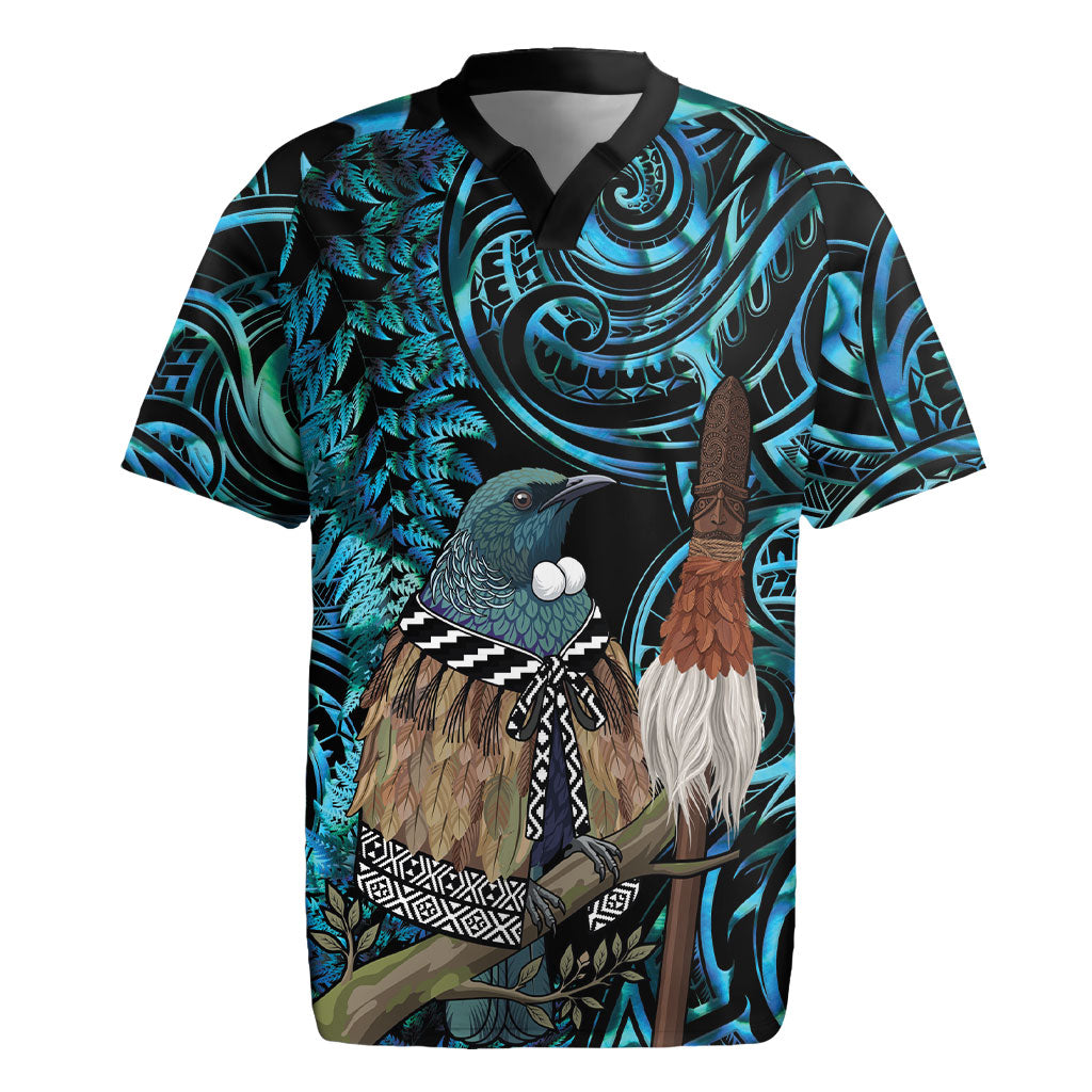 New Zealand Tui Bird Taiaha Rugby Jersey Maori Weapon Paua Shell Mix Silver Fern LT14 Turquoise - Polynesian Pride