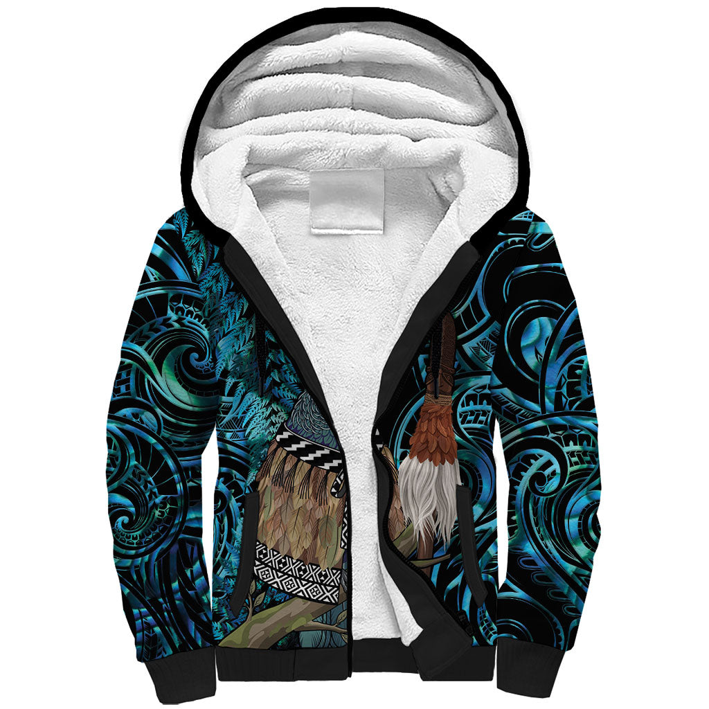 New Zealand Tui Bird Taiaha Sherpa Hoodie Maori Weapon Paua Shell Mix Silver Fern LT14 Unisex Turquoise - Polynesian Pride