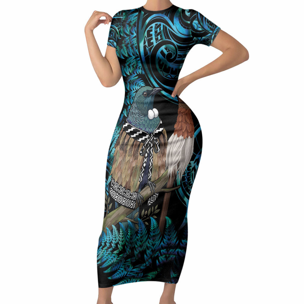 New Zealand Tui Bird Taiaha Short Sleeve Bodycon Dress Maori Weapon Paua Shell Mix Silver Fern LT14 Long Dress Turquoise - Polynesian Pride