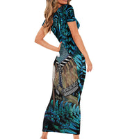 New Zealand Tui Bird Taiaha Short Sleeve Bodycon Dress Maori Weapon Paua Shell Mix Silver Fern