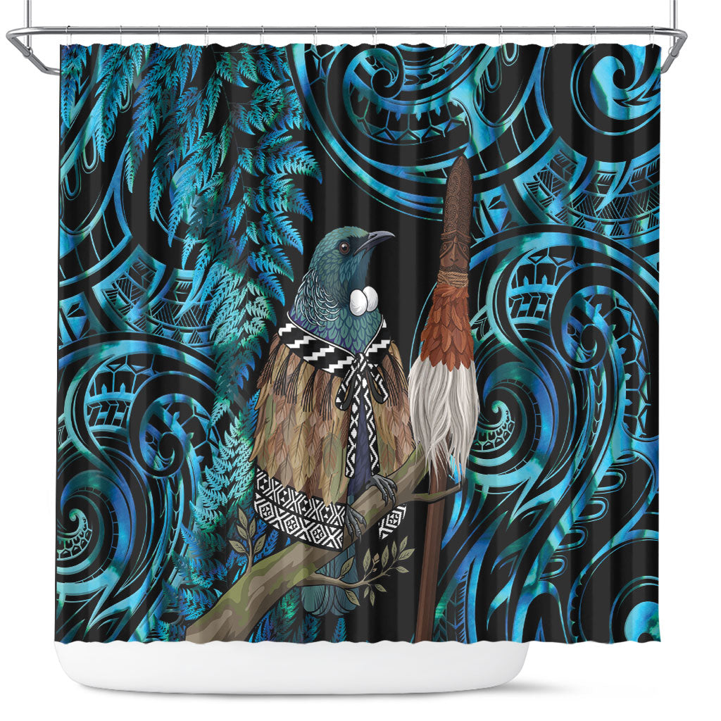 New Zealand Tui Bird Taiaha Shower Curtain Maori Weapon Paua Shell Mix Silver Fern LT14 Turquoise - Polynesian Pride