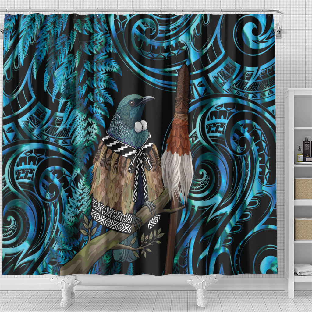 New Zealand Tui Bird Taiaha Shower Curtain Maori Weapon Paua Shell Mix Silver Fern