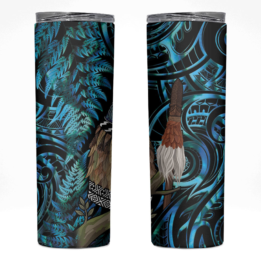 New Zealand Tui Bird Taiaha Skinny Tumbler Maori Weapon Paua Shell Mix Silver Fern LT14 Turquoise - Polynesian Pride