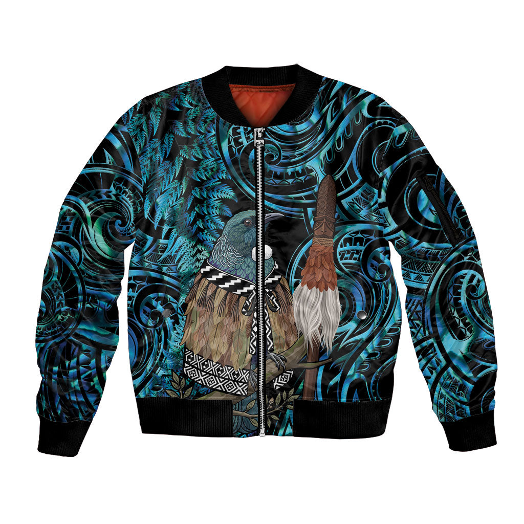New Zealand Tui Bird Taiaha Sleeve Zip Bomber Jacket Maori Weapon Paua Shell Mix Silver Fern LT14 Unisex Turquoise - Polynesian Pride