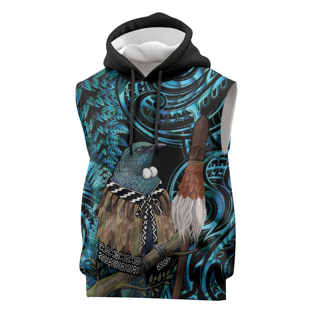New Zealand Tui Bird Taiaha Sleeveless Hoodie Maori Weapon Paua Shell Mix Silver Fern LT14 Turquoise - Polynesian Pride
