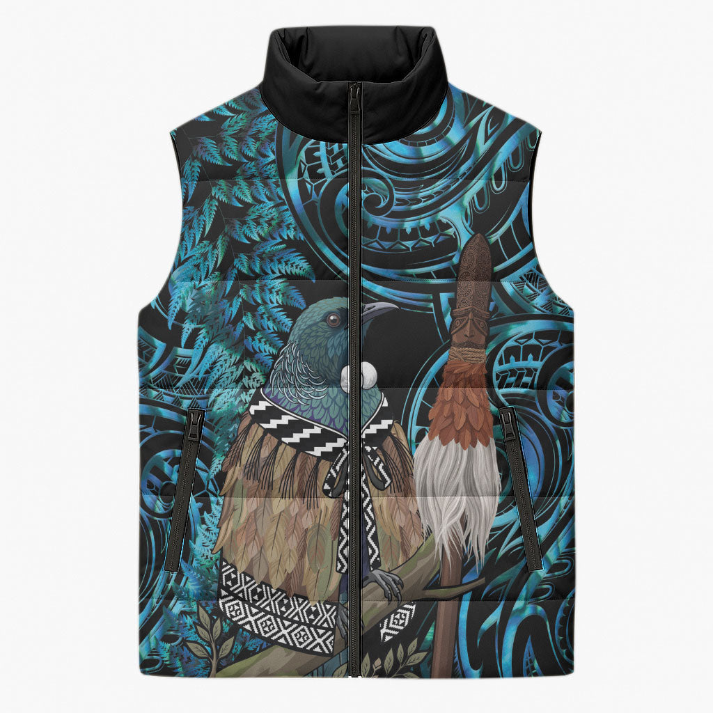 New Zealand Tui Bird Taiaha Sleeveless Puffer Jacket Maori Weapon Paua Shell Mix Silver Fern LT14 Unisex Turquoise - Polynesian Pride