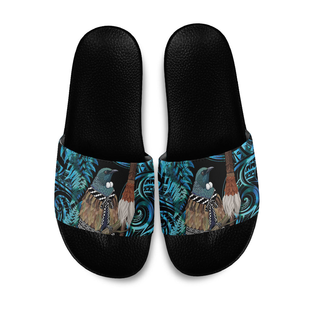 New Zealand Tui Bird Taiaha Slide Sandals Maori Weapon Paua Shell Mix Silver Fern LT14 Turquoise - Polynesian Pride