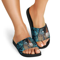 New Zealand Tui Bird Taiaha Slide Sandals Maori Weapon Paua Shell Mix Silver Fern