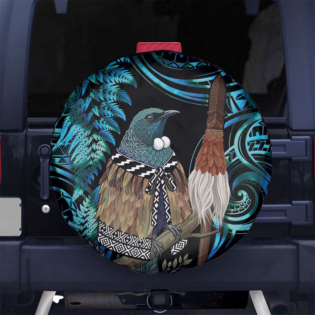 New Zealand Tui Bird Taiaha Spare Tire Cover Maori Weapon Paua Shell Mix Silver Fern LT14 No hole Turquoise - Polynesian Pride