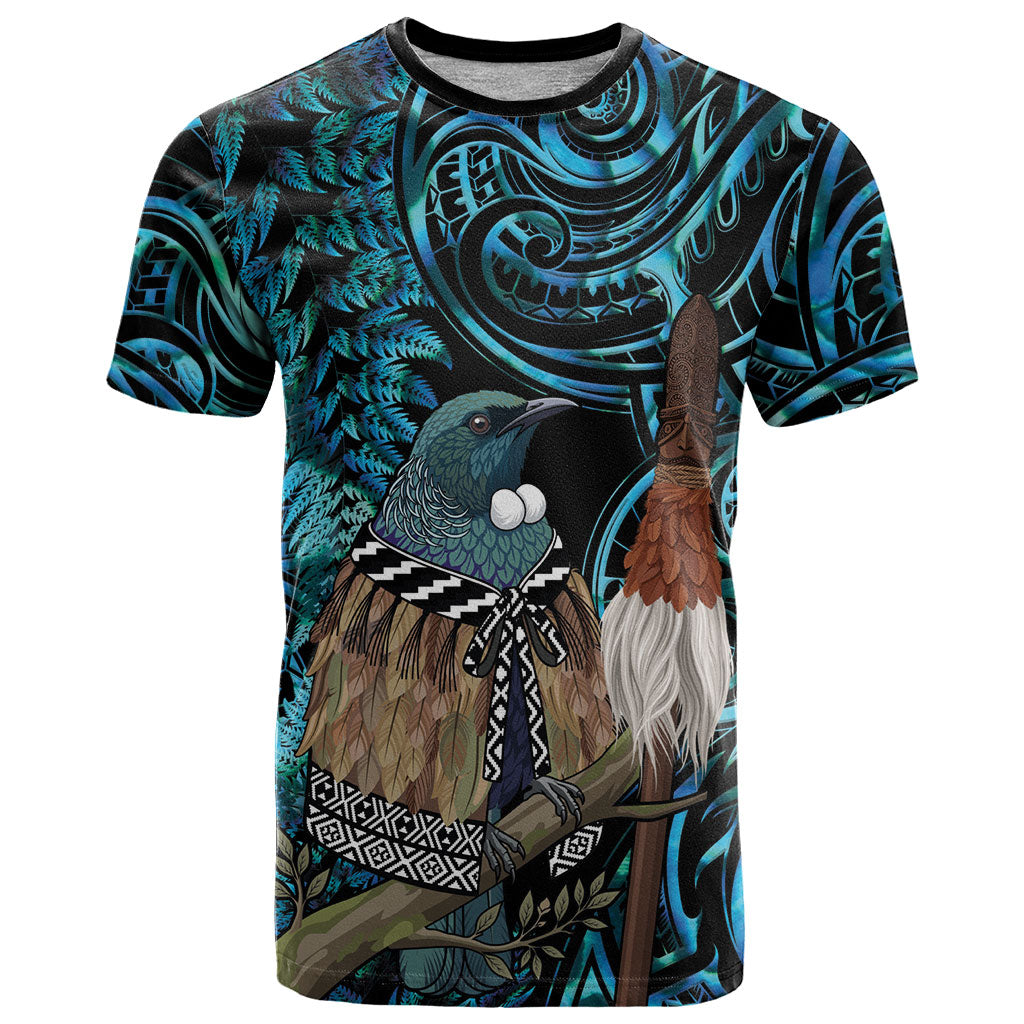 New Zealand Tui Bird Taiaha T Shirt Maori Weapon Paua Shell Mix Silver Fern LT14 Turquoise - Polynesian Pride