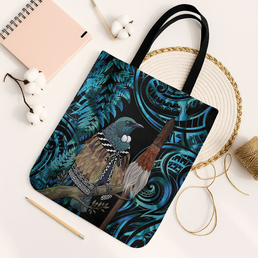 New Zealand Tui Bird Taiaha Tote Bag Maori Weapon Paua Shell Mix Silver Fern LT14 Black Strap One Size Turquoise - Polynesian Pride
