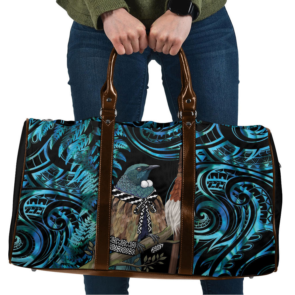 New Zealand Tui Bird Taiaha Travel Bag Maori Weapon Paua Shell Mix Silver Fern LT14 Turquoise - Polynesian Pride