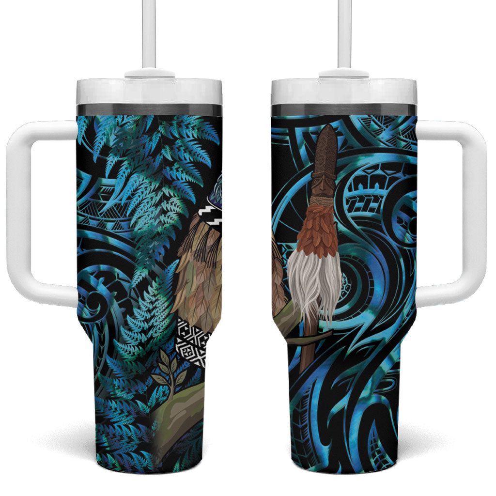New Zealand Tui Bird Taiaha Tumbler With Handle Maori Weapon Paua Shell Mix Silver Fern LT14 One Size: 40 oz Turquoise - Polynesian Pride
