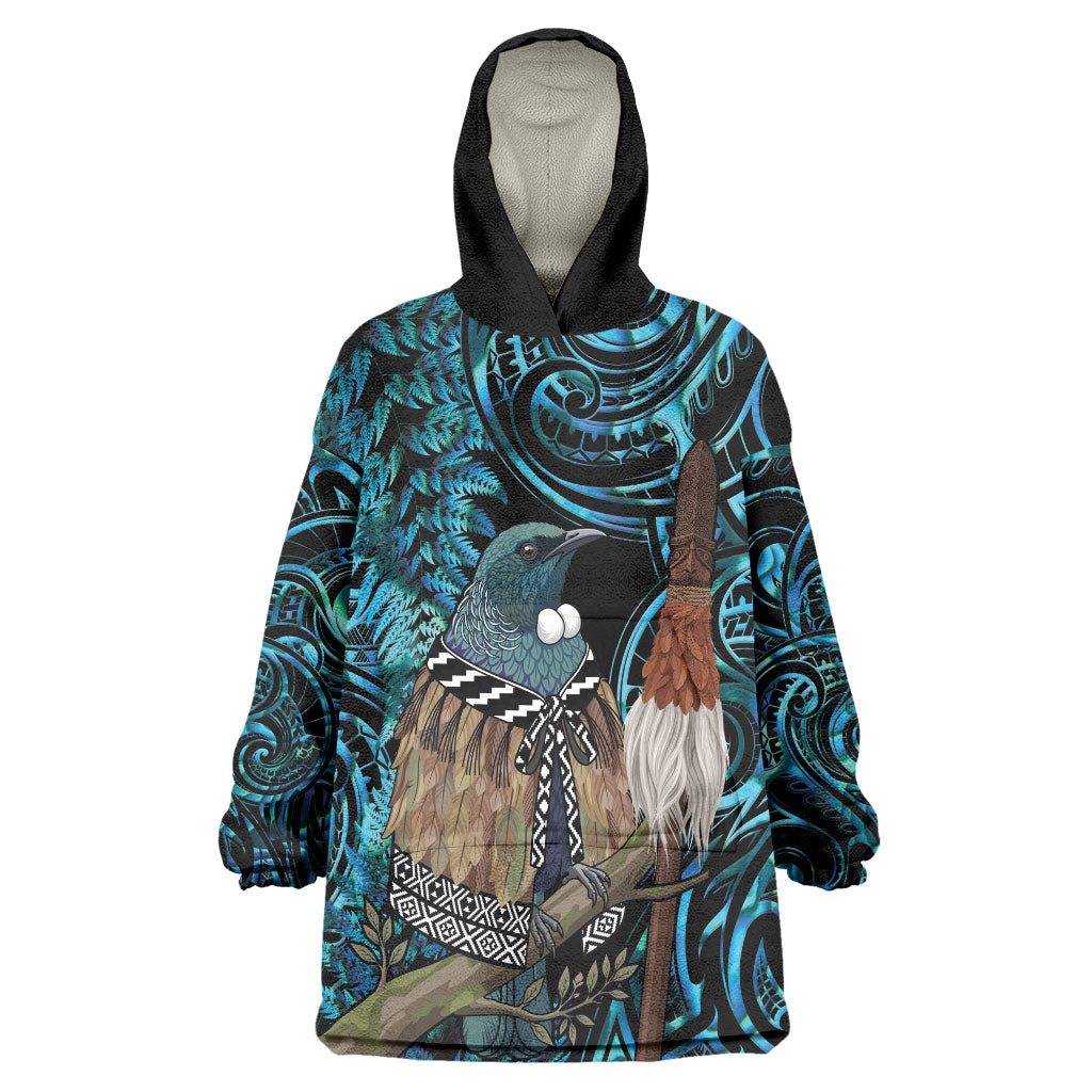 New Zealand Tui Bird Taiaha Wearable Blanket Hoodie Maori Weapon Paua Shell Mix Silver Fern LT14 One Size Turquoise - Polynesian Pride
