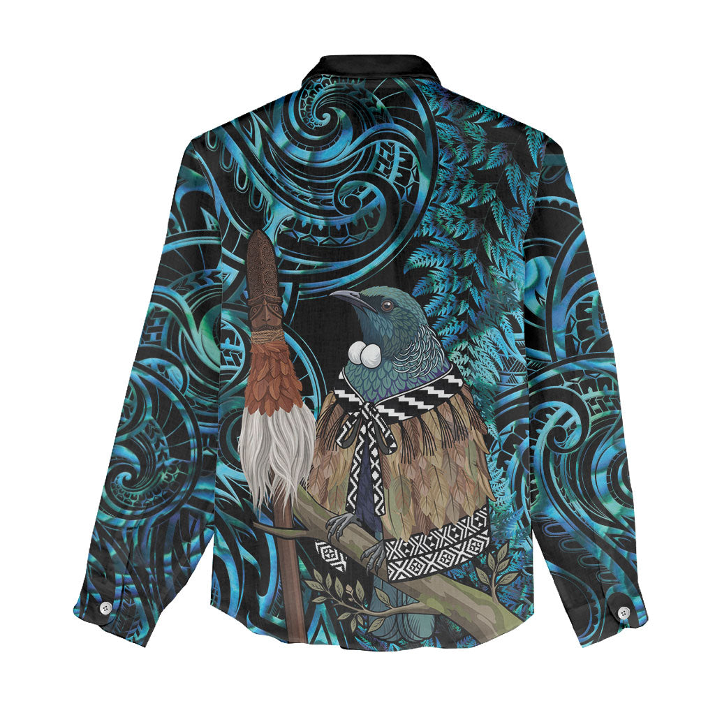 New Zealand Tui Bird Taiaha Women Casual Shirt Maori Weapon Paua Shell Mix Silver Fern