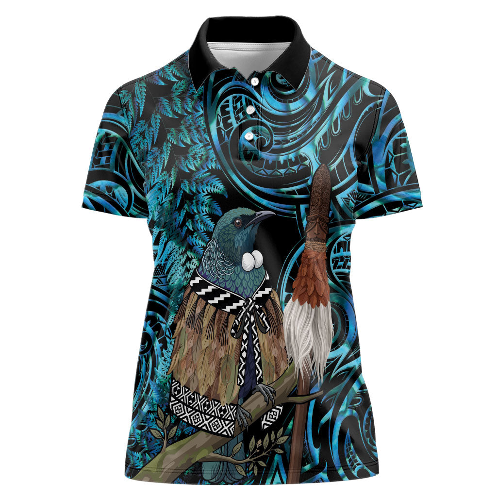 New Zealand Tui Bird Taiaha Women Polo Shirt Maori Weapon Paua Shell Mix Silver Fern LT14 Female Turquoise - Polynesian Pride