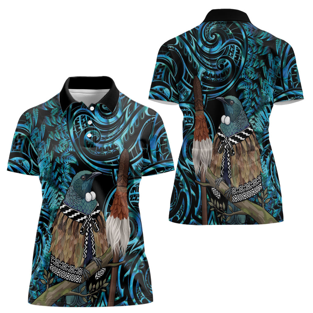 New Zealand Tui Bird Taiaha Women Polo Shirt Maori Weapon Paua Shell Mix Silver Fern