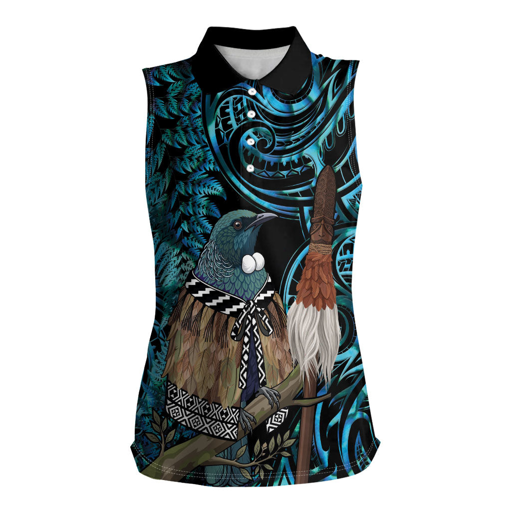 New Zealand Tui Bird Taiaha Women Sleeveless Polo Shirt Maori Weapon Paua Shell Mix Silver Fern LT14 Female Turquoise - Polynesian Pride