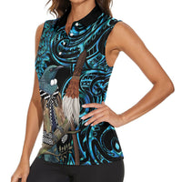 New Zealand Tui Bird Taiaha Women Sleeveless Polo Shirt Maori Weapon Paua Shell Mix Silver Fern