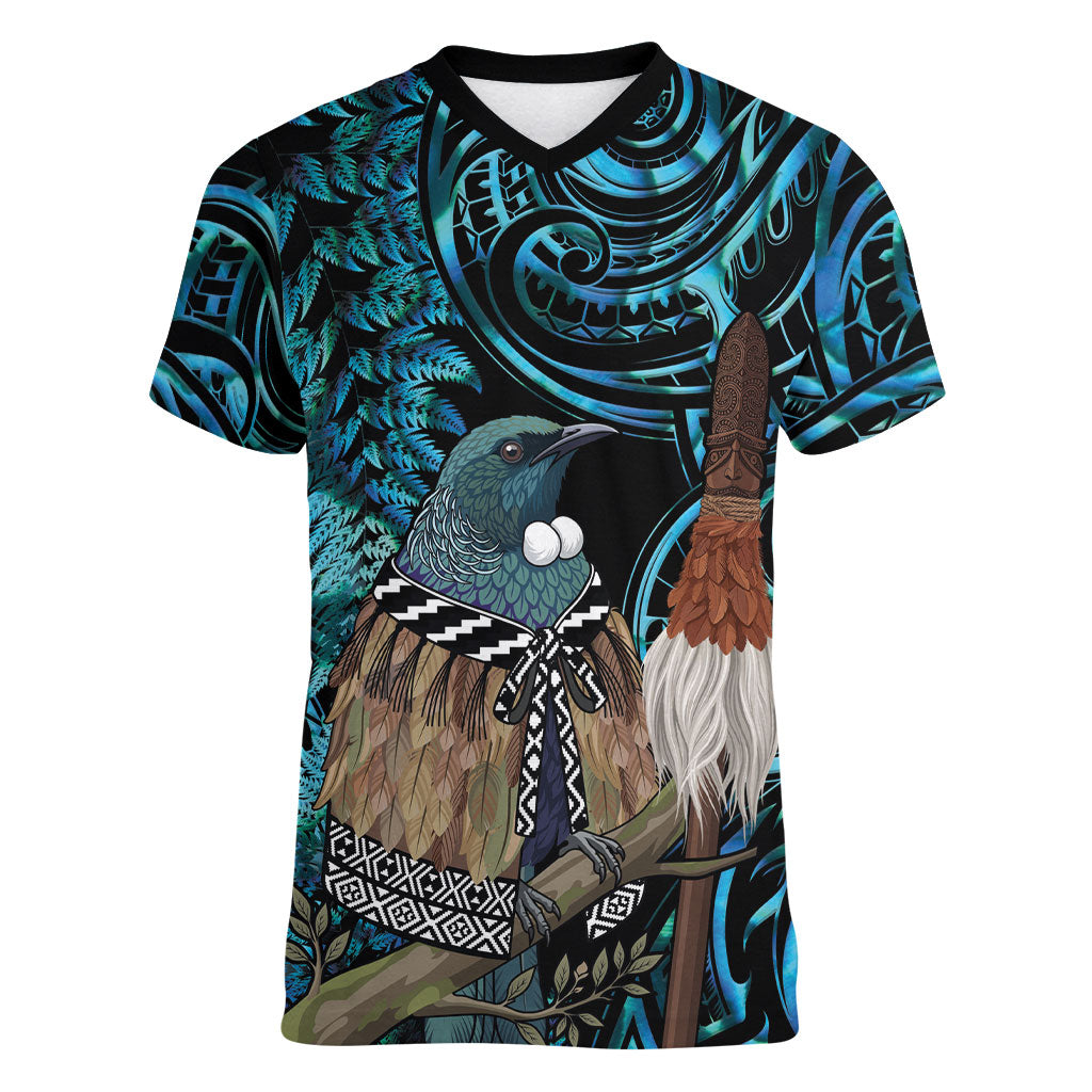 New Zealand Tui Bird Taiaha Women V-Neck T-Shirt Maori Weapon Paua Shell Mix Silver Fern LT14 Female Turquoise - Polynesian Pride