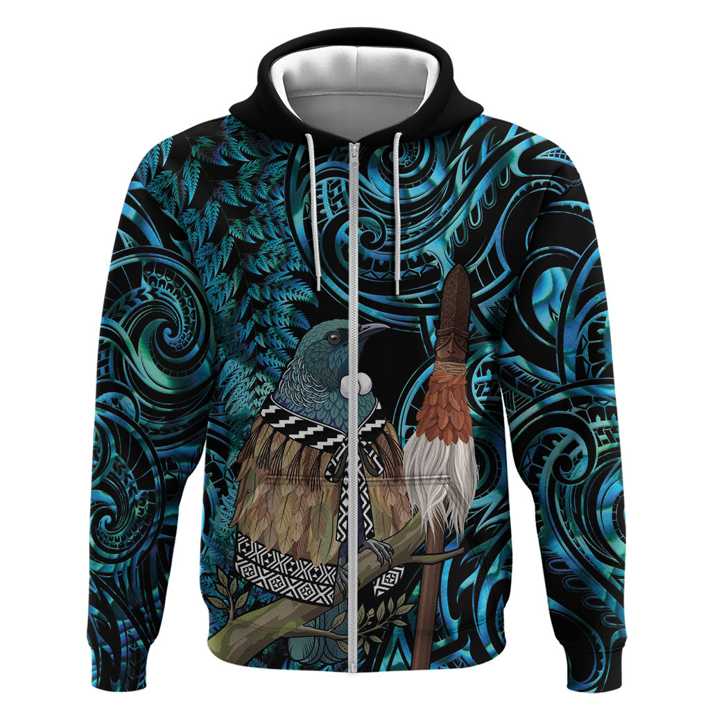 New Zealand Tui Bird Taiaha Zip Hoodie Maori Weapon Paua Shell Mix Silver Fern LT14 Zip Hoodie Turquoise - Polynesian Pride