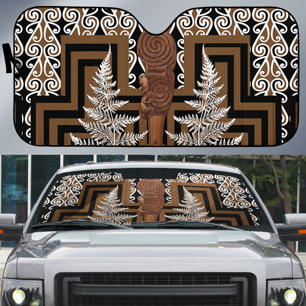 Wahaika New Zealand Auto Sun Shade Maori Weapon Kowhaiwhai Fern Poutama Motifs LT14 Brown - Polynesian Pride