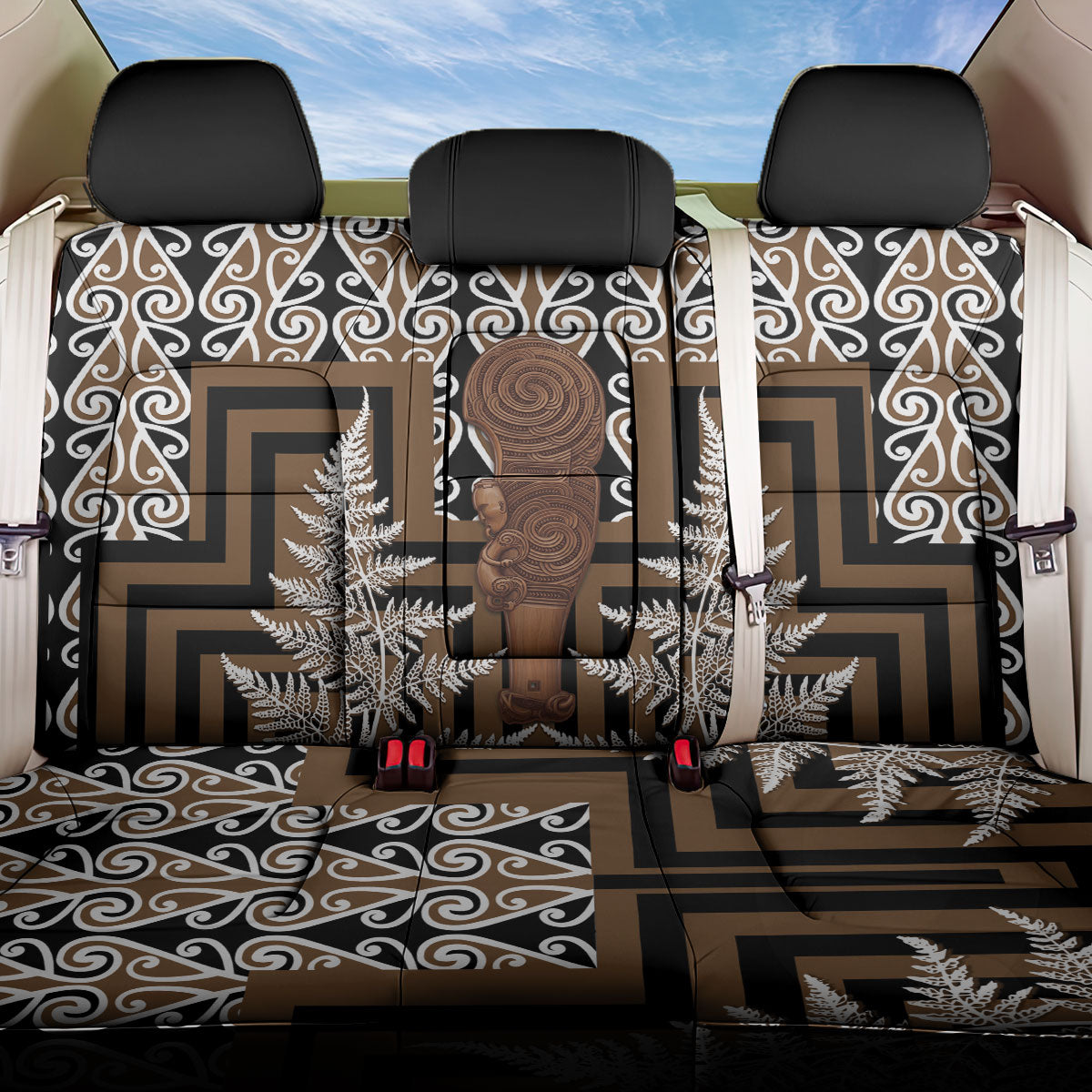 Wahaika New Zealand Back Car Seat Cover Maori Weapon Kowhaiwhai Fern Poutama Motifs LT14 One Size Brown - Polynesian Pride