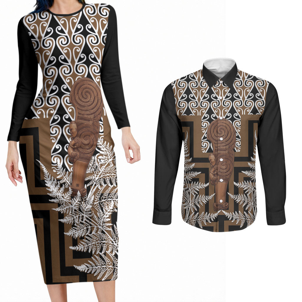 Wahaika New Zealand Couples Matching Long Sleeve Bodycon Dress and Long Sleeve Button Shirt Maori Weapon Kowhaiwhai Fern Poutama Motifs LT14 Brown - Polynesian Pride