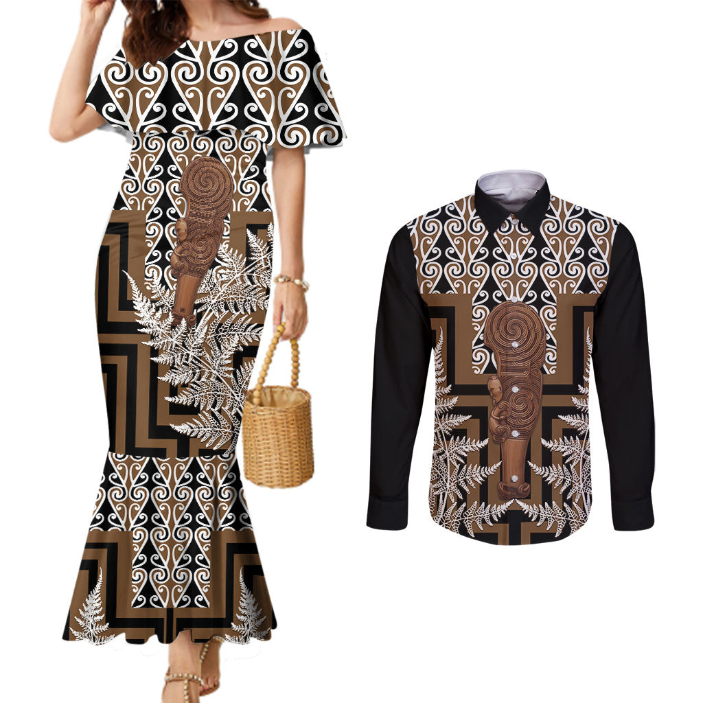Wahaika New Zealand Couples Matching Mermaid Dress and Long Sleeve Button Shirt Maori Weapon Kowhaiwhai Fern Poutama Motifs