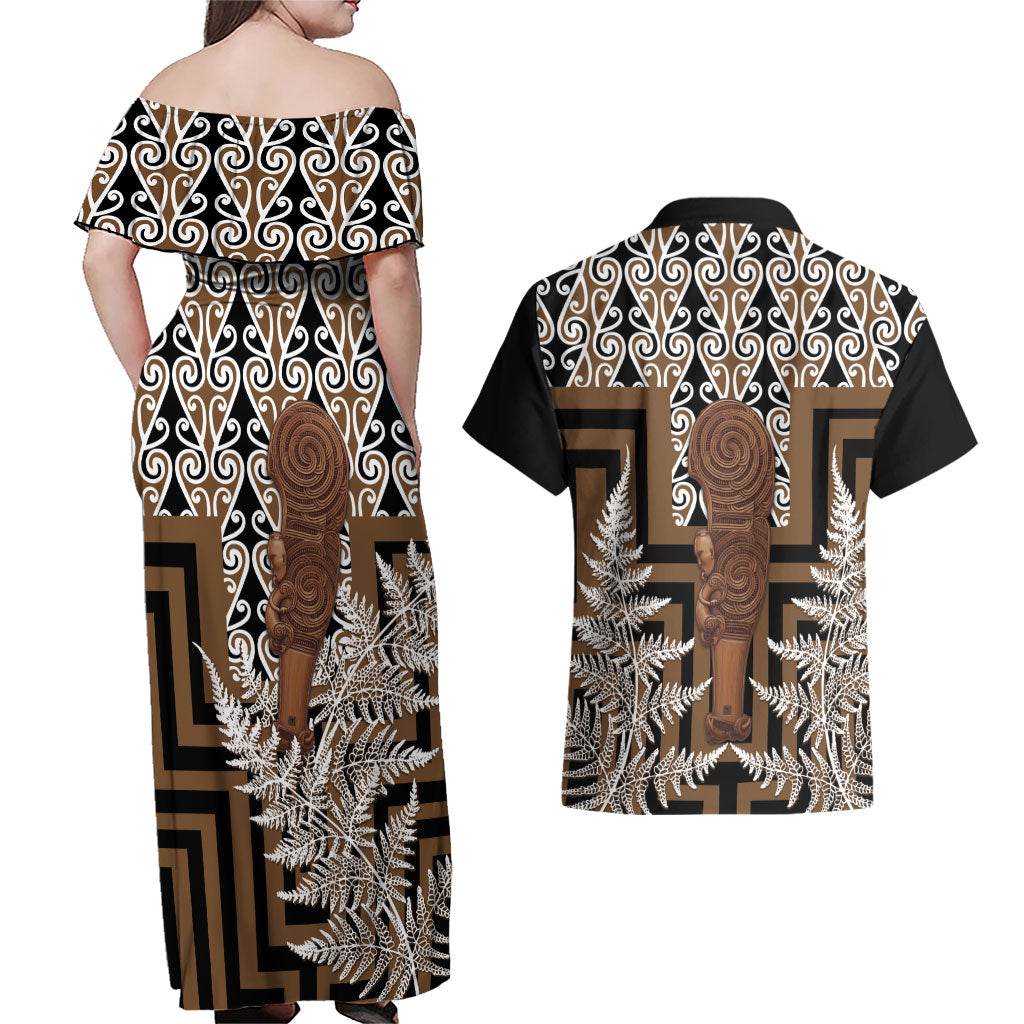 Wahaika New Zealand Couples Matching Off Shoulder Maxi Dress and Hawaiian Shirt Maori Weapon Kowhaiwhai Fern Poutama Motifs