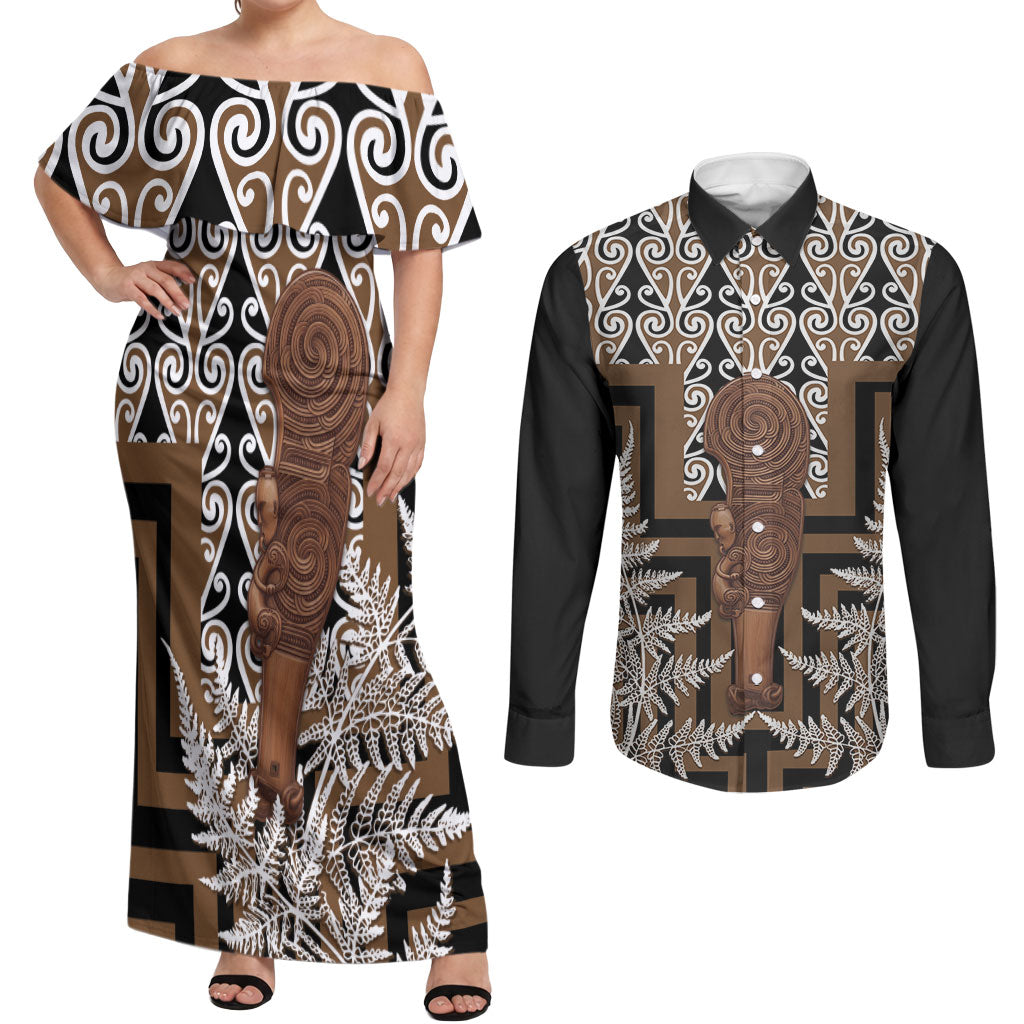 Wahaika New Zealand Couples Matching Off Shoulder Maxi Dress and Long Sleeve Button Shirt Maori Weapon Kowhaiwhai Fern Poutama Motifs LT14 Brown - Polynesian Pride