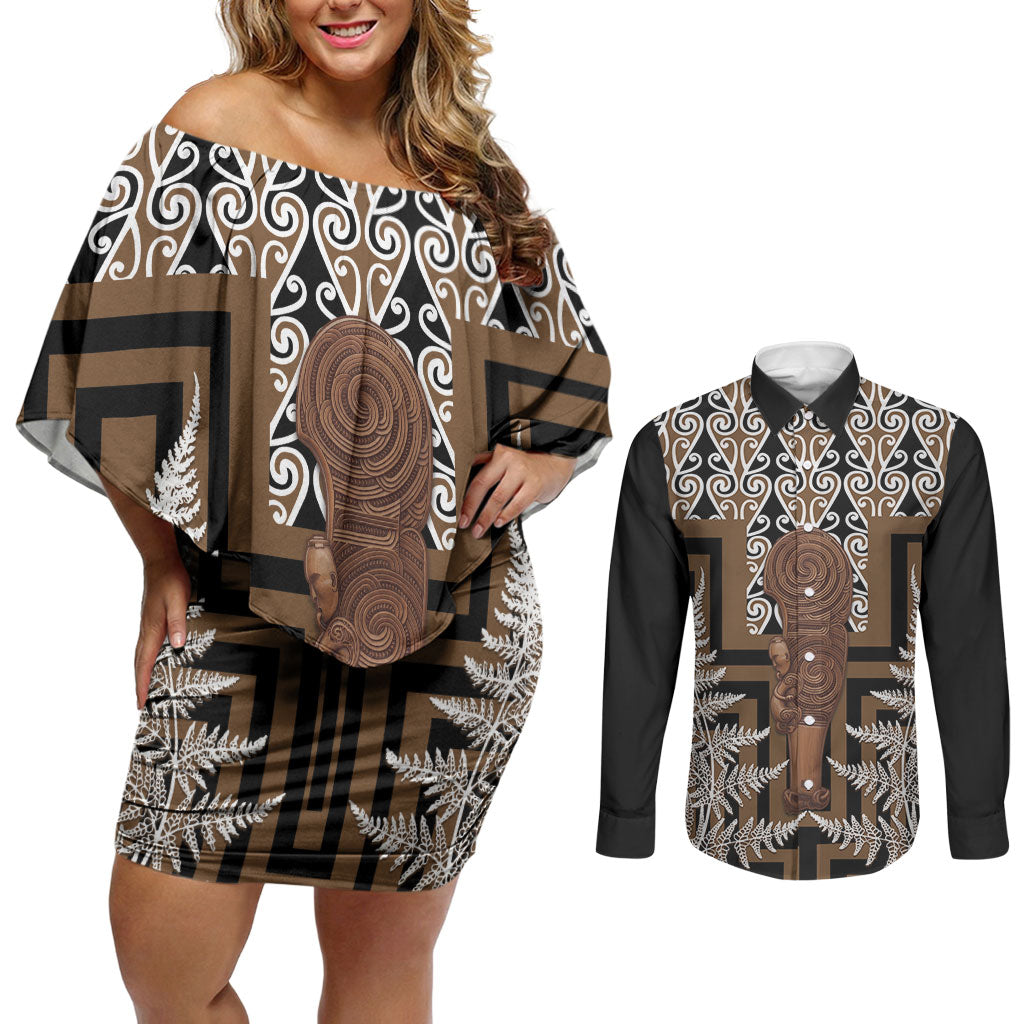 Wahaika New Zealand Couples Matching Off Shoulder Short Dress and Long Sleeve Button Shirt Maori Weapon Kowhaiwhai Fern Poutama Motifs LT14 Brown - Polynesian Pride