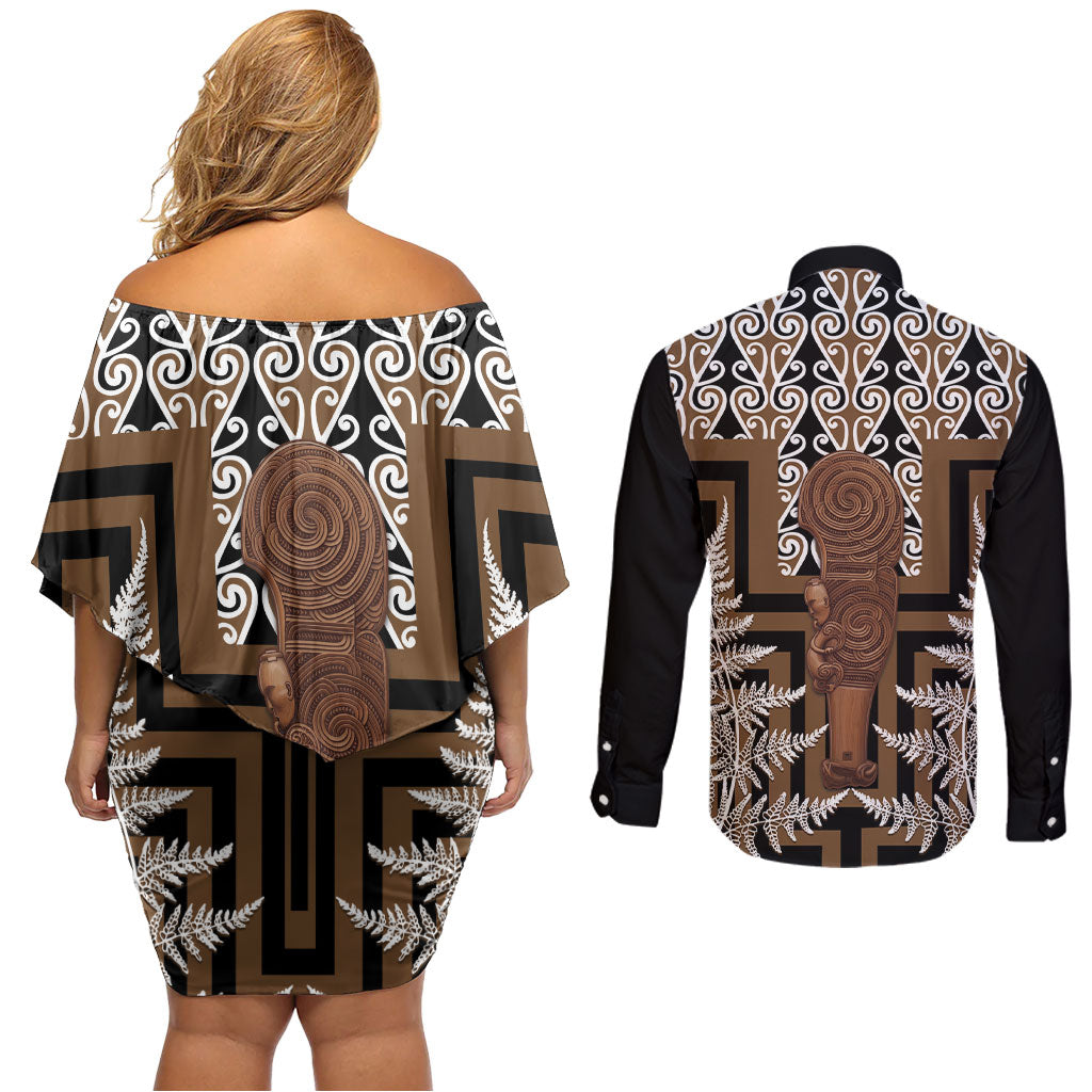 Wahaika New Zealand Couples Matching Off Shoulder Short Dress and Long Sleeve Button Shirt Maori Weapon Kowhaiwhai Fern Poutama Motifs