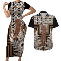 Wahaika New Zealand Couples Matching Short Sleeve Bodycon Dress and Hawaiian Shirt Maori Weapon Kowhaiwhai Fern Poutama Motifs