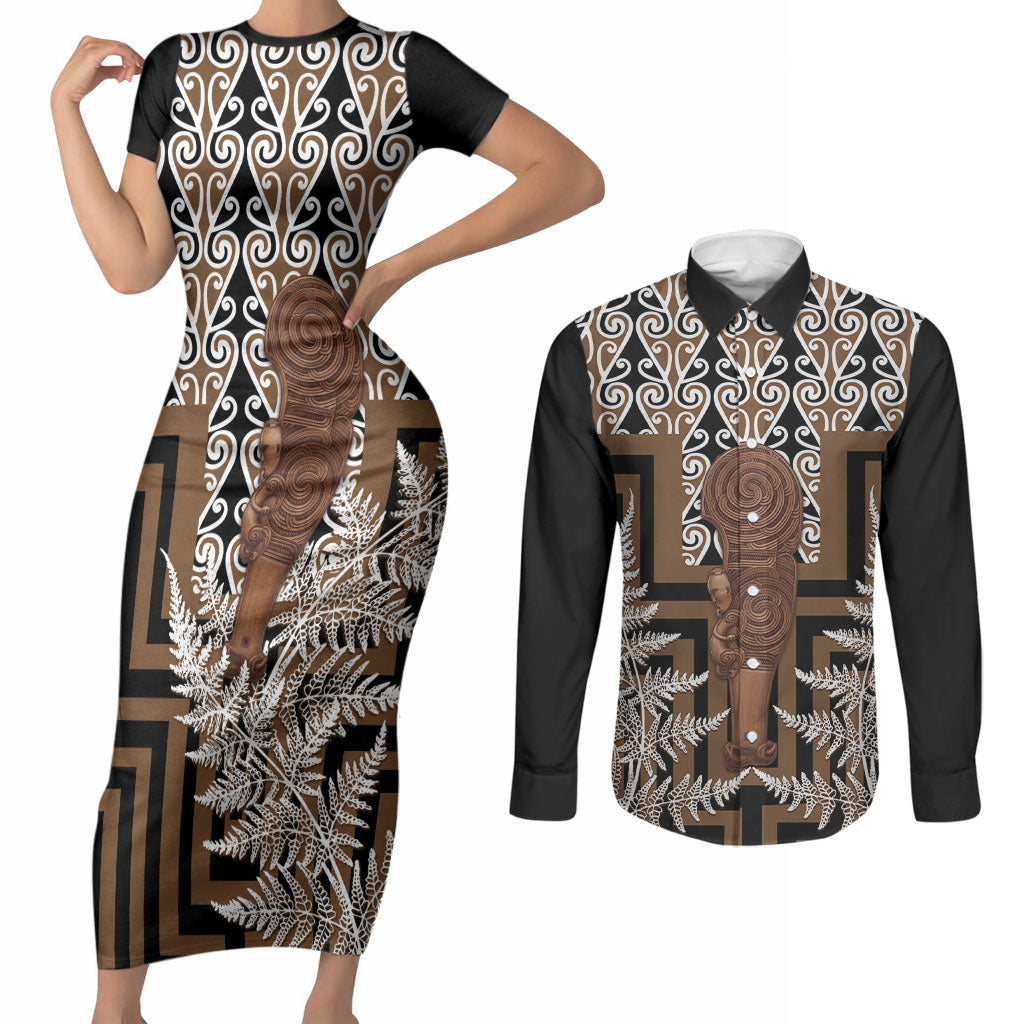 Wahaika New Zealand Couples Matching Short Sleeve Bodycon Dress and Long Sleeve Button Shirt Maori Weapon Kowhaiwhai Fern Poutama Motifs LT14 Brown - Polynesian Pride