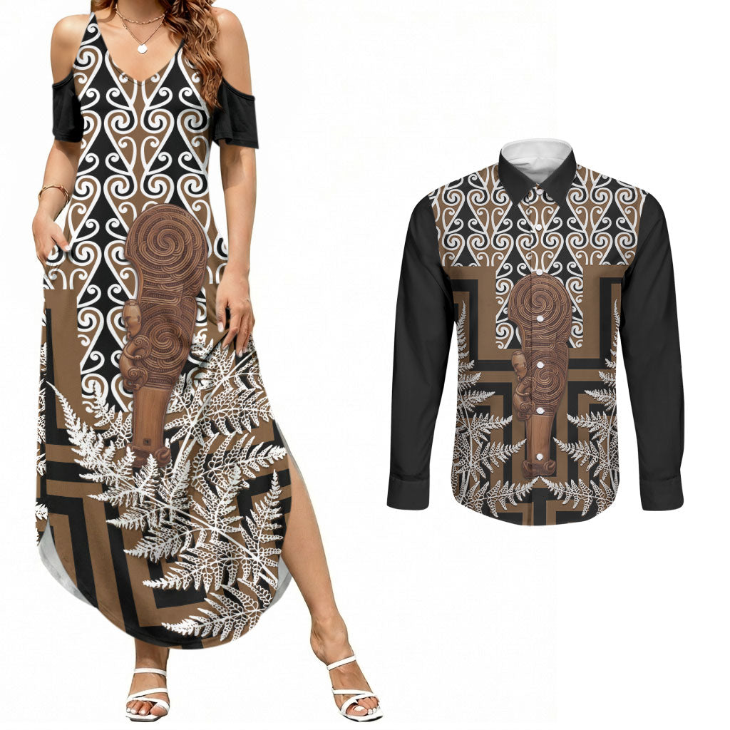 Wahaika New Zealand Couples Matching Summer Maxi Dress and Long Sleeve Button Shirt Maori Weapon Kowhaiwhai Fern Poutama Motifs LT14 Brown - Polynesian Pride