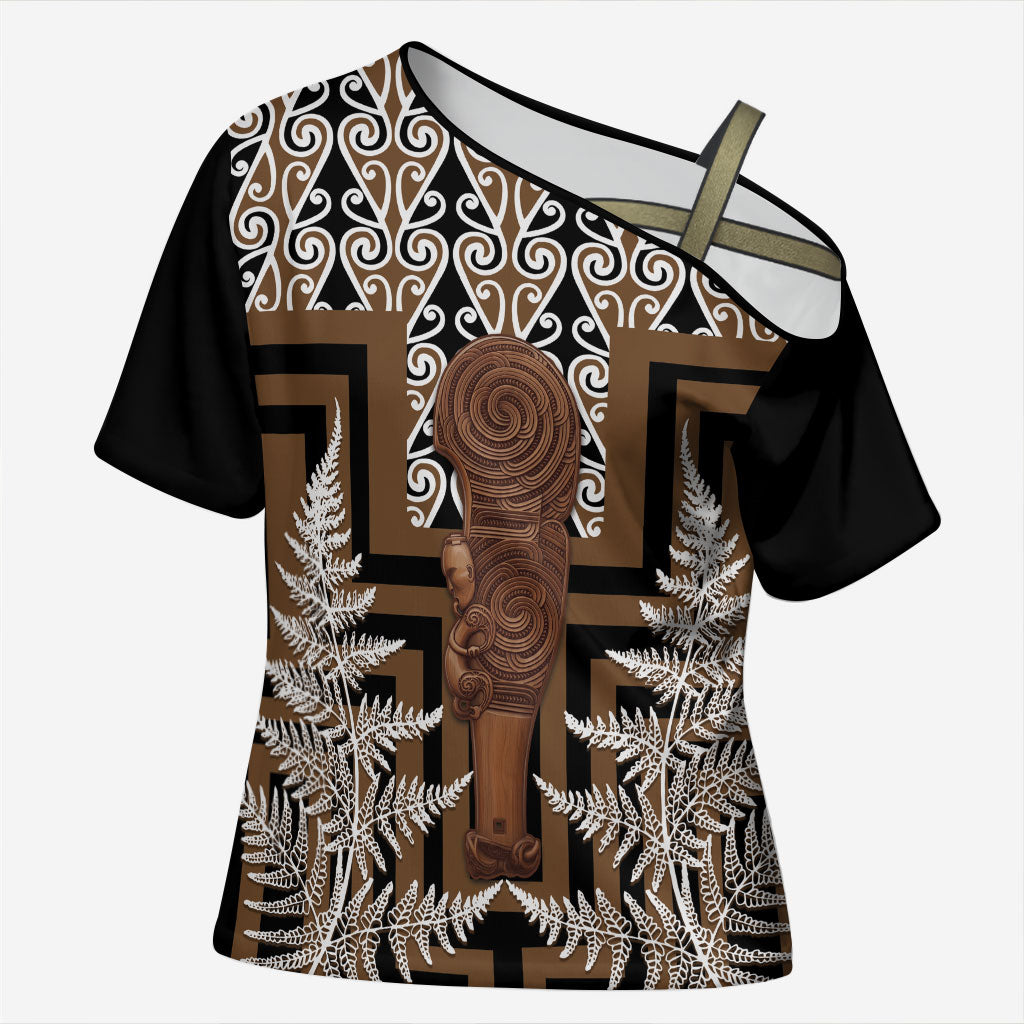 Wahaika New Zealand Cross Shoulder Shirt Maori Weapon Kowhaiwhai Fern Poutama Motifs LT14 Female Brown - Polynesian Pride