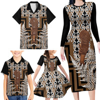 Wahaika New Zealand Family Matching Long Sleeve Bodycon Dress and Hawaiian Shirt Maori Weapon Kowhaiwhai Fern Poutama Motifs